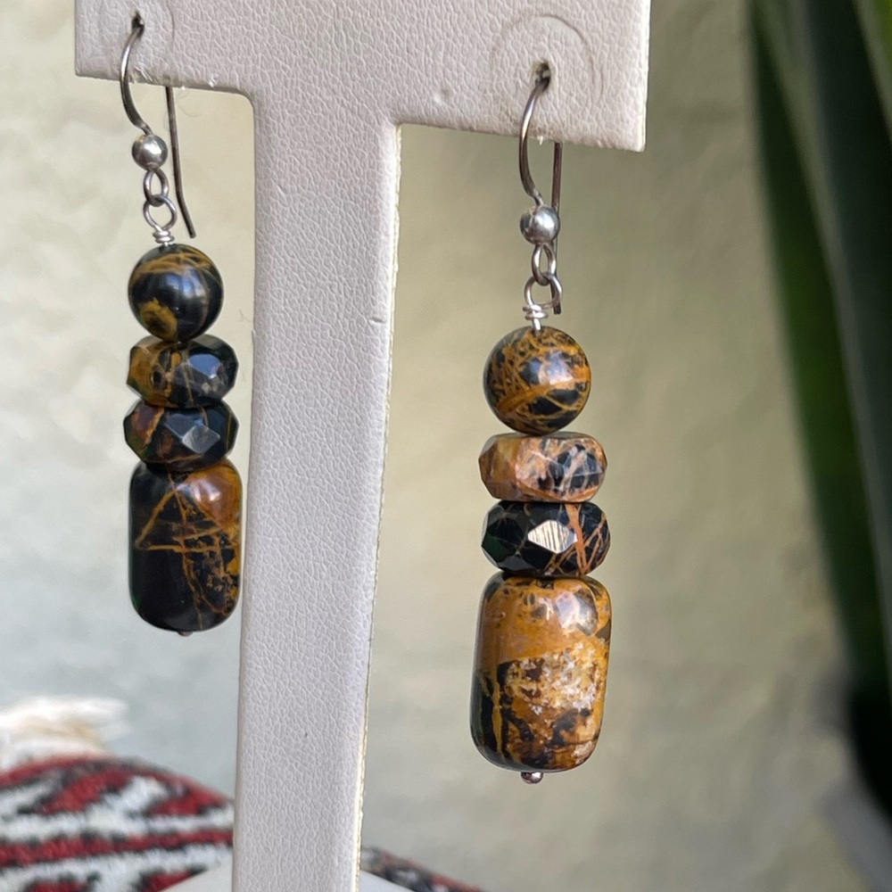 Bumble Bee Jasper Earrings, Hand Forged Sterling Silver - Picture 3 of 4